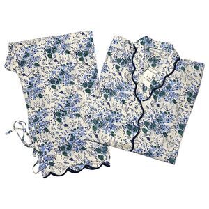 NWT Heidi Carey Blue Floral Scallop Trim Long Sleeve Button Up Pajama Set, XXL